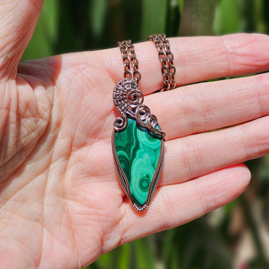 Handmade Malachite Crystal Pendant Necklace Wrapped In Solid Copper