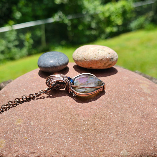 Handmade Purple Labradorite Crystal Pendant Necklace Wrapped In Solid Copper