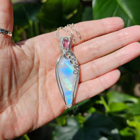Handmade Rainbow Moonstone And Pink Tourmaline Pendant Necklace Wrapped In Solid Sterling Silver