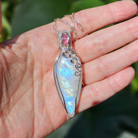 Handmade Rainbow Moonstone And Pink Tourmaline Pendant Necklace Wrapped In Solid Sterling Silver